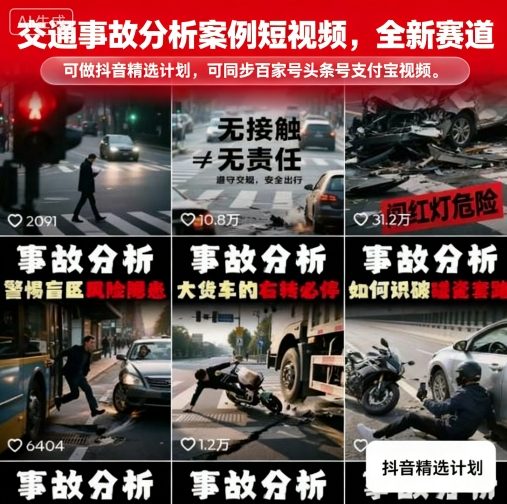 交通事故分析案例短视频，全新赛道，可做抖音精选计划，可同步百家号头条号支付宝视频号平台-破局灯塔