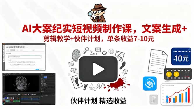 AI大案纪实短视频制作课，文案生成+剪辑教学+伙伴计划，单条收益7-10元-破局灯塔