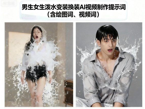 男生女生泼水变装换装AI视频制作提示词(含绘图词、视频词)-破局灯塔