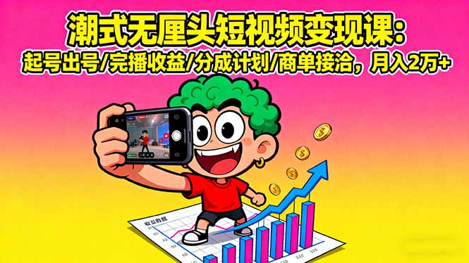 潮式无厘头短视频变现课：起号出号/完播收益/分成计划/商单接洽，月入2万+-破局灯塔