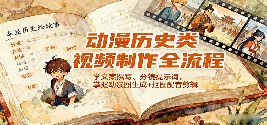 动漫历史类视频制作全流程，学文案撰写、分镜提示词，掌握动漫图生成+抠图配音剪辑-破局灯塔