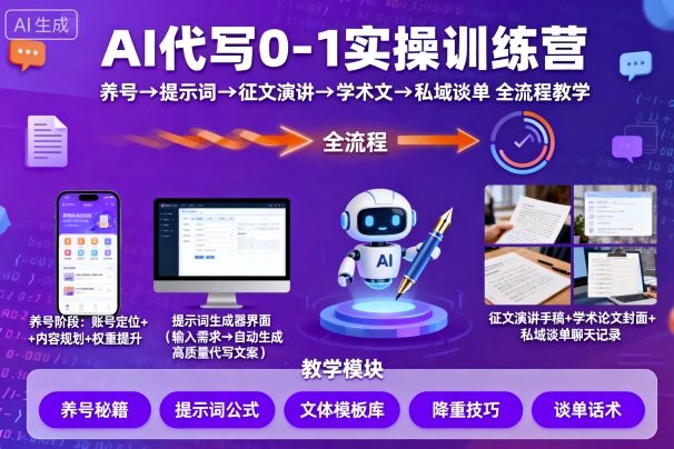 AI代写0-1实操训练营，从养号、提示词、征文演讲、学术文，到私域谈单的全流程教学-破局灯塔