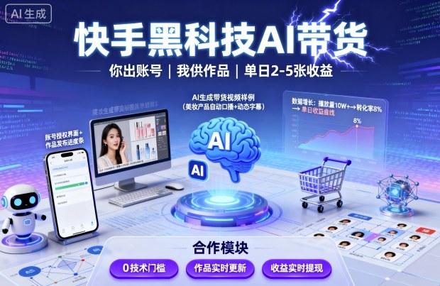 快手黑科技AI带货，你提供账号，我提供作品并发布，单日2-5张【揭秘】-破局灯塔