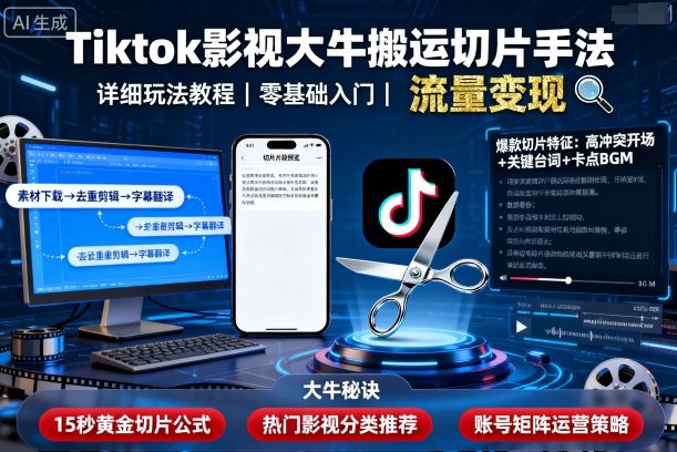 Tiktok影视大牛搬运切片手法，详细玩法教程-破局灯塔