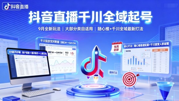 抖音直播千川全域起号，9月全新玩法，大部分类目适用，随心推以及千川全域最新打法-破局灯塔