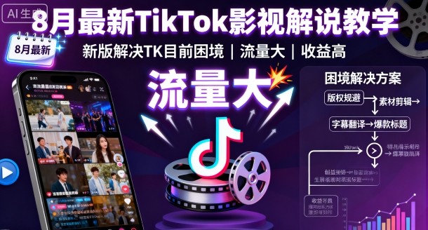 8月最新TikTok影视解说教学，新版解决TK目前困境，流量大，收益高-破局灯塔