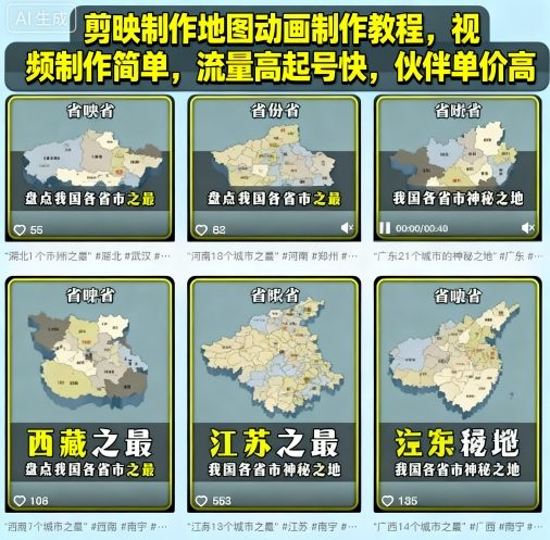 剪映制作地图动画制作教程，视频制作简单，流量高起号快，伙伴单价高-破局灯塔