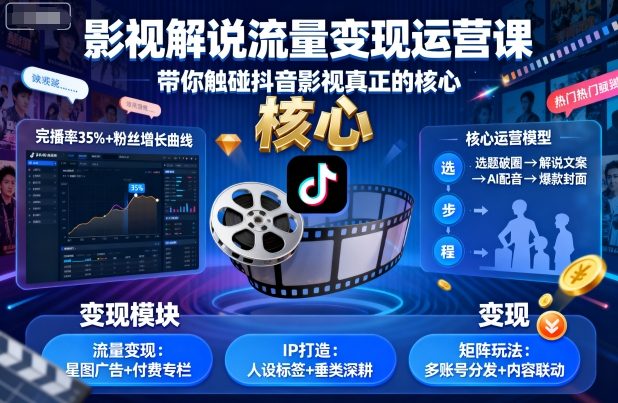影视解说流量变现运营课，带你触碰抖音影视真正的核心-破局灯塔