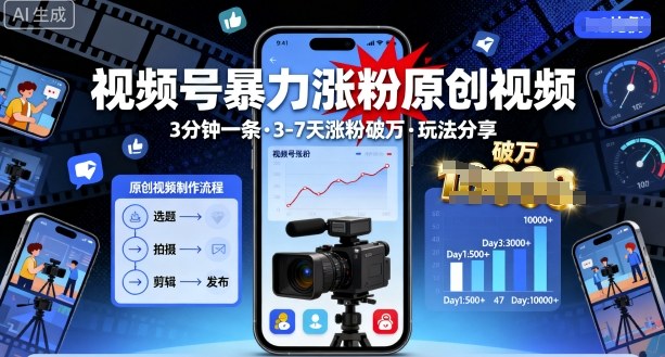 视频号暴力涨粉原创视频，3分钟一条原创视频，3-7天涨粉破万，玩法分享给你-破局灯塔