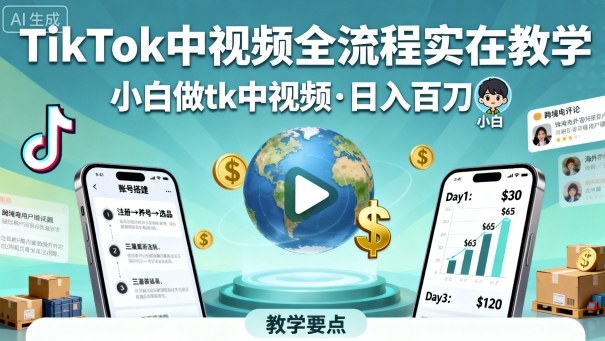 TikTok中视频全流程实操教学，小白做tk中视频，日入百刀-破局灯塔