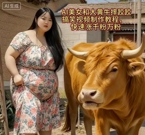 AI美女和大黄牛摔跤搞笑荒诞视频制作教程，快速涨千粉万粉-破局灯塔
