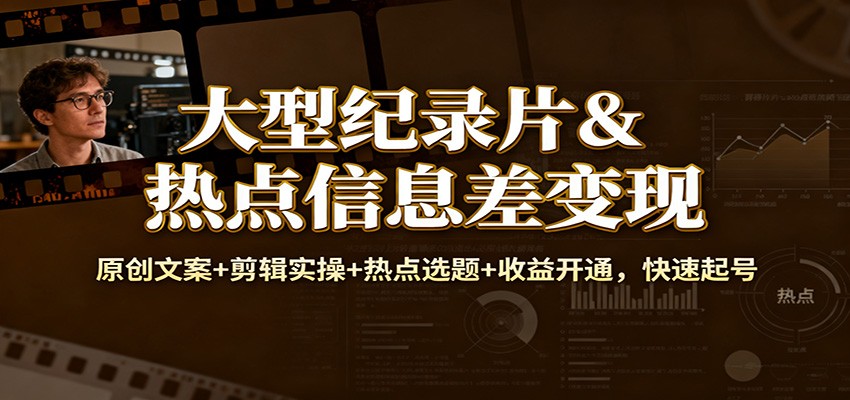 大型纪录片&热点信息差变现：原创文案+剪辑实操+热点选题+收益开通，快速起号-破局灯塔