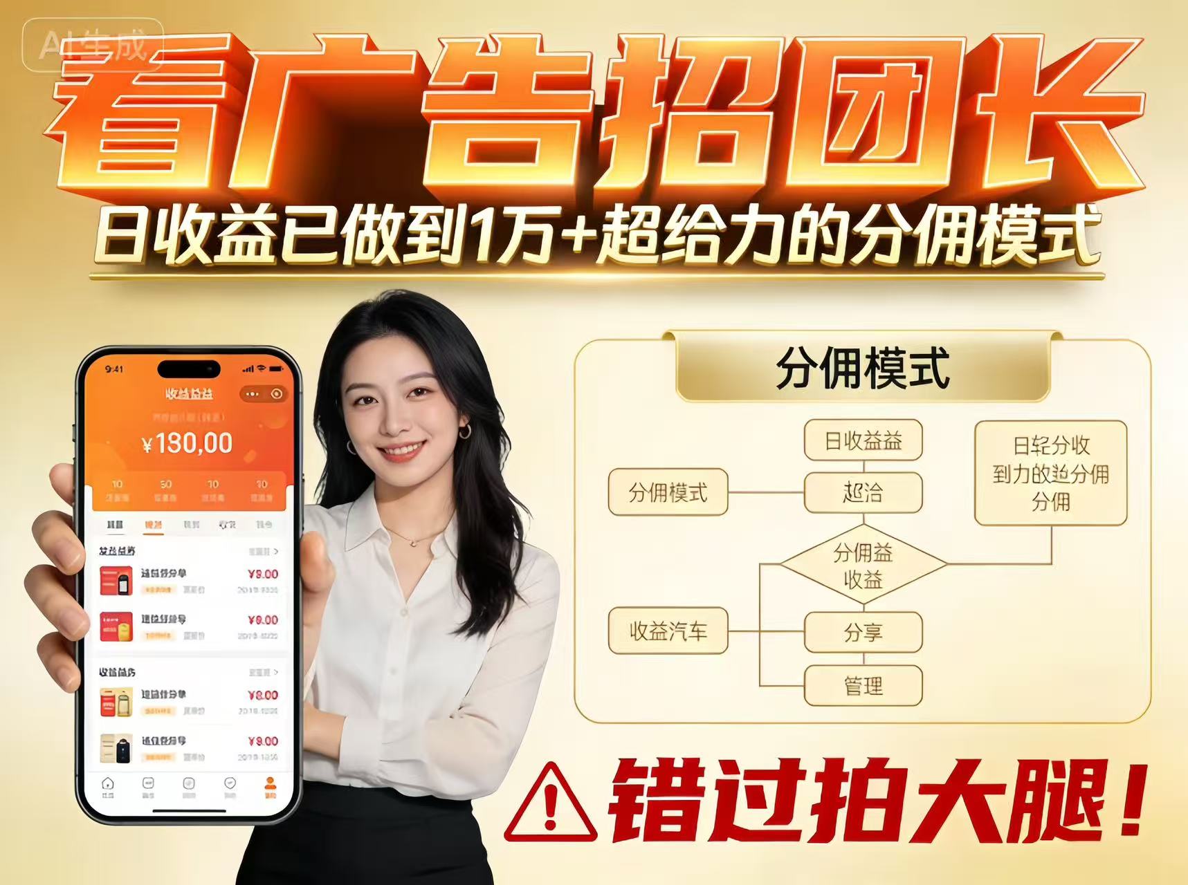 看广告招团长，团队收益已做到日入1万，分佣模式超给力，错过拍大腿-破局灯塔