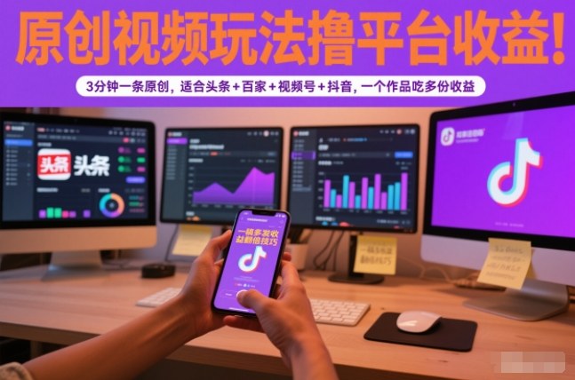 原创视频玩法撸平台收益,3分钟一条原创,适合头条+百家+视频号+抖音,一个作品吃多份收益-破局灯塔