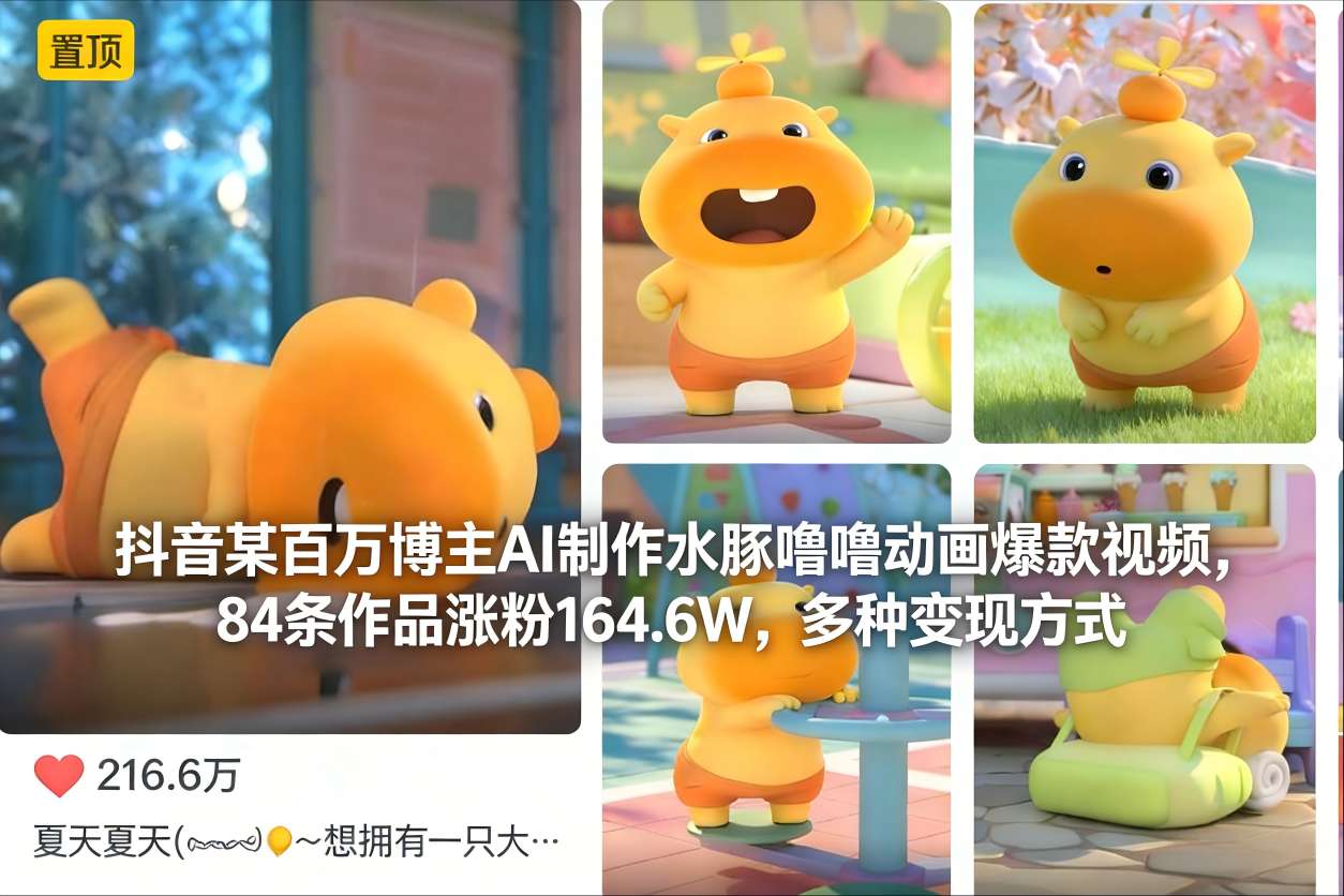 抖音某百万博主AI制作水豚噜噜动画爆款视频，84条作品涨粉164.6W，多种变现方式-破局灯塔