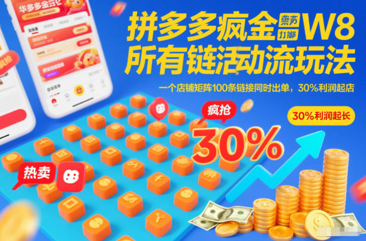 拼多多疯狂活动流玩法，所有链接全部打标，一个店铺矩阵100条链接同时出单，30%利润起店-破局灯塔