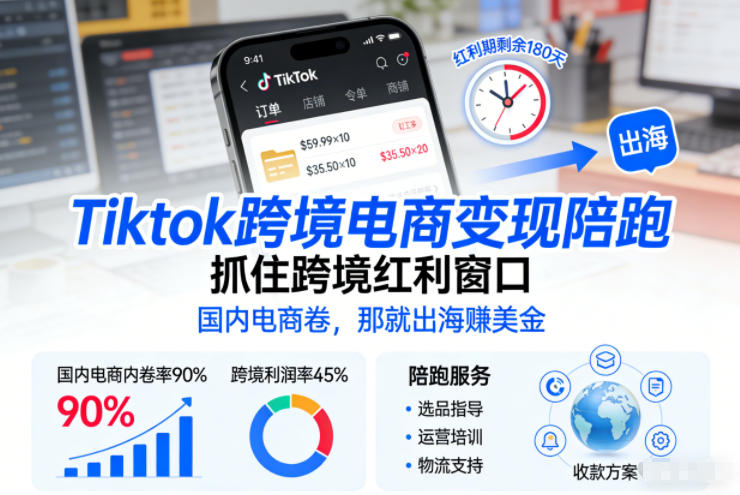 Tiktok跨境电商变现陪跑，抓住跨境红利窗口，国内电商卷，那就出海賺美金-破局灯塔