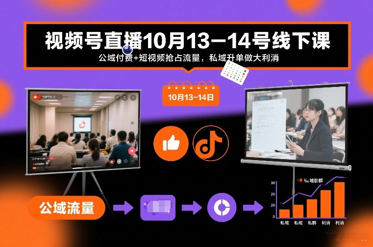 视频号直播10月13-14号线下课，公域付费+短视频抢占流量，私域升单做大利消-破局灯塔