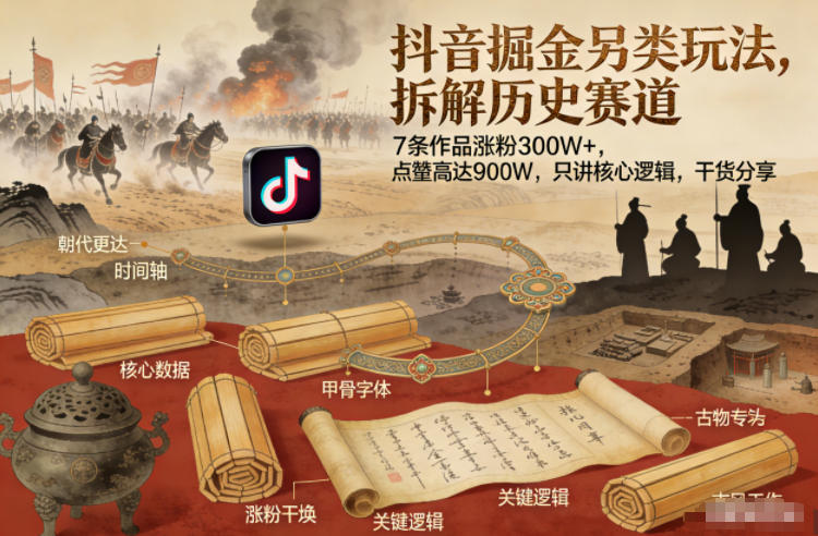 抖音掘金另类玩法，拆解历史赛道，7条作品涨粉300W+，点赞量高达900W，只讲核心逻辑，干货分享-破局灯塔