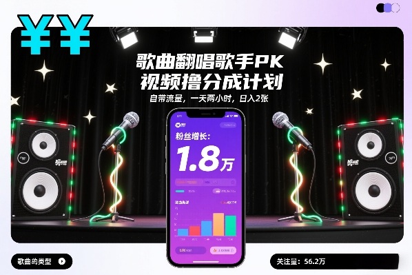 歌曲翻唱歌手PK视频撸分成计划，自带流量，一天两小时，日入2张-破局灯塔