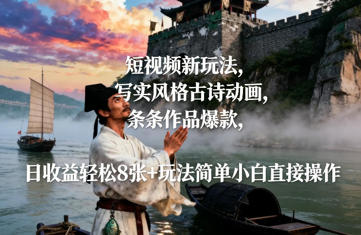 短视频新玩法，写实风格古诗动画，条条作品爆款，日收益轻松8张+玩法简单小白直接操作-破局灯塔
